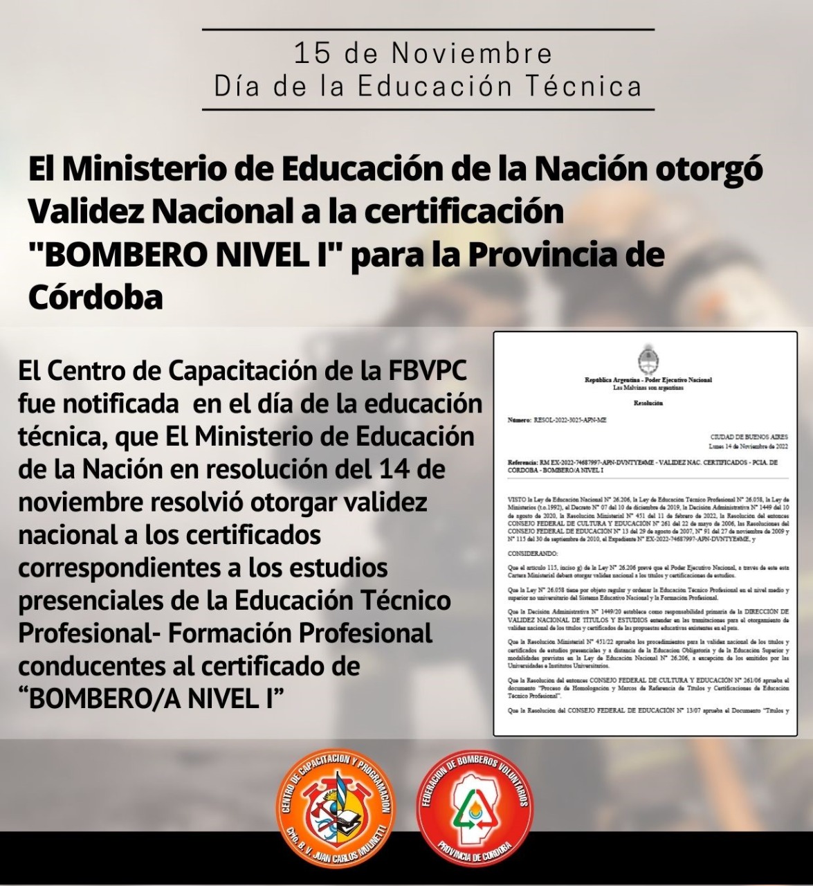 Validez Nacional a la Educación Técnico Profesional de “BOMBERO/A NIVEL I”